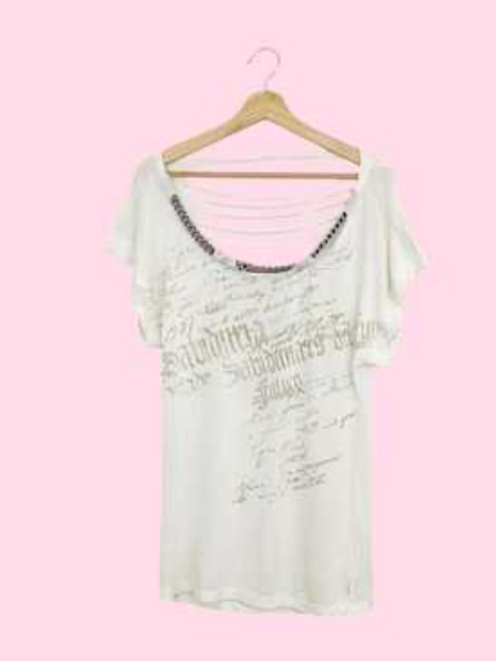 Guess Cream Short Sleeve Graphic Tee with Embellished Scoop Neck